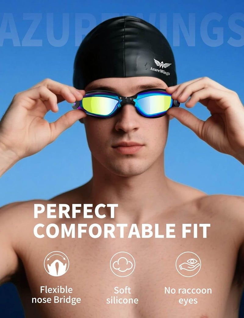 AzureWings 7 in 1 Swim Goggles + Swim Cap for Men Women,No Leak Anti-Fog & UV, Wide Visio HD Mirror PC Lens - Image 2